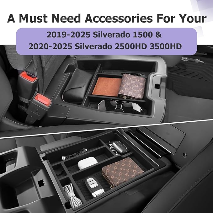 LUWU Center Console Organizer Compatible with 2019-2022 2023 2024 2025 2026 Chevy Silverado/GMC Sierra 1500 & 2020-2026 Chevrolet Silverado/Sierra 2500HD 3500HD 2PCS (Split-Bench Folding Seat)