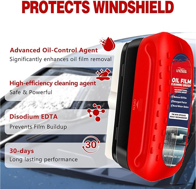 Oil Film Cleaning Brush for Car Windows, 2026 Upgraded Clear Vision Windshield Cleaner with Anti-Rain Coating, Improving Clarity & Safer Driving, Kit with Supplements & Towel, 2 pcs(Red)