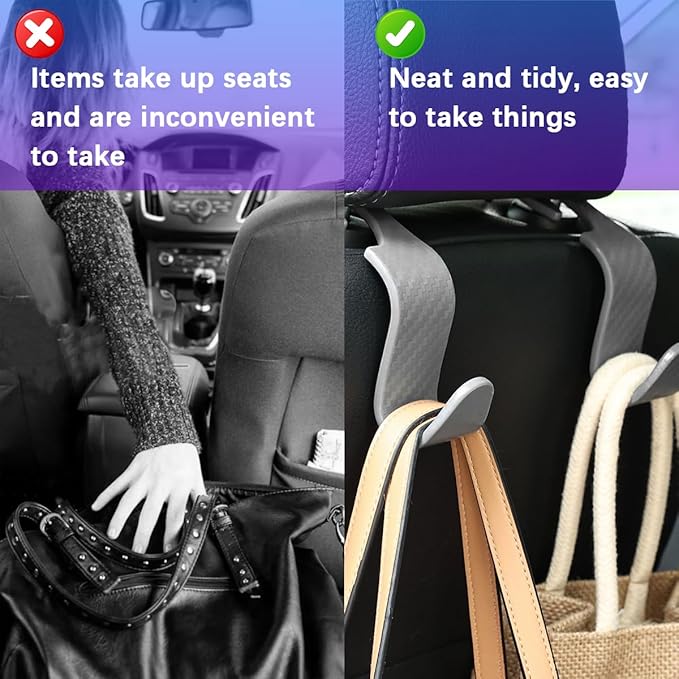 Car Seat Headrest Hooks, 4PCS Carbon Fiber Vehicle Back Seat Storage Hanger Holder for Hangbag Coat Grocery, Automotive Interior Headrest Hook Organizer, Universal for Vehicles (Gray)
