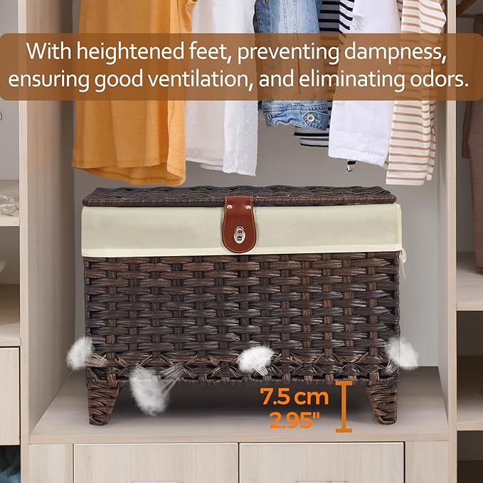 Honjourai Wicker Storage Basket with Lid,Rattan Shelf Basket with Removable Liner Bag,65L Storage Bin,Storage Trunk with Heightened Feet,Storage Container for Wardrobe,Home Organizer