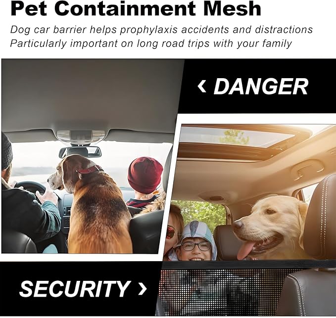 Car Dog Barrier Net Universal Dog Barrier for Car with Adjustable Ropes and Hooks One-Piece Design Mesh for Most Cars, SUVs, Pickups, Trucks and Vans(45x24 Inches)
