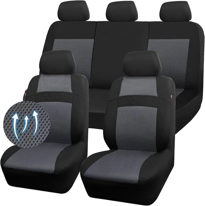 CAR PASS 3D Air Mesh Seat Cover Full Sets, Charcoal Car Seat Cover with 5mm Composite Sponge Inside,Airbag Compatible Universal Fit for SUV,Vans,sedans, Trucks, Automotive Interior Covers(Black Gray)