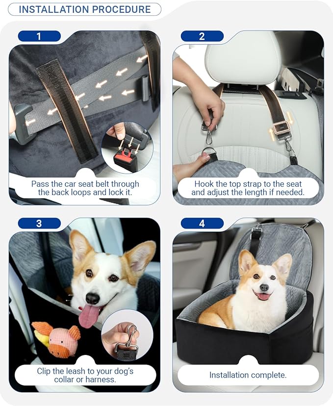 NUPIDA Dog Car Seat for Small Dogs, Dog Booster Seat with Extendable Backrest, Pet Car Seats up to 30 lbs, Washable Removable Cover Travel Bed with Storage Pockets and 2 Safety Leashes, Black&Grey