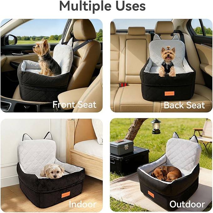 Dog Car Seat for Small/Medium Dogs Up to 35lbs,Elevated Cushion Fits in Front/Back Seat,Travel Safety Per Car Bed with Washable Removable Cover, Storage 2 Pockets Black-Grey