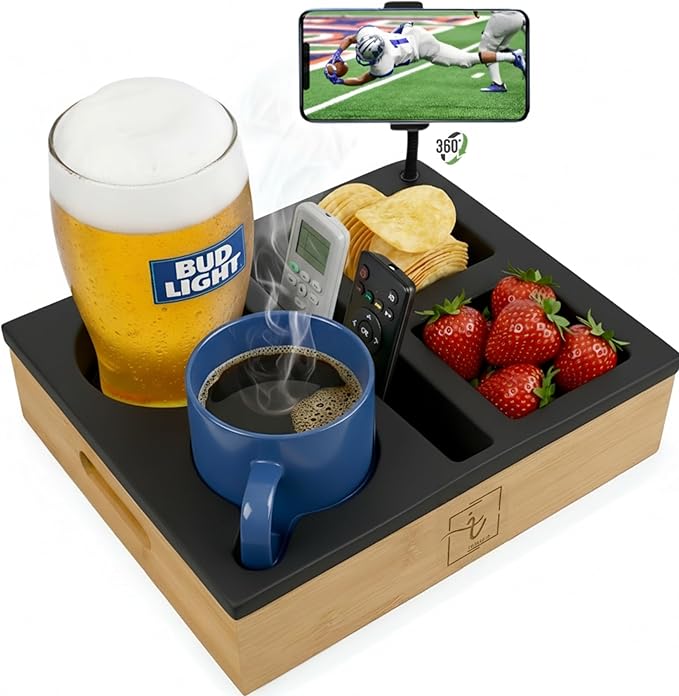 Couch Caddy with Cup Holder | Bamboo Couch Cup Holder Tray for Drinks, Snacks & Remotes | Couch Tray for Bed, Car Seat & Beach Organizer (Black)