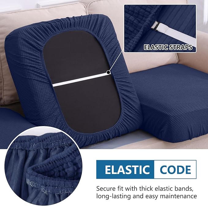 hyha Waterproof Couch Cushion Covers for Pets, Non Slip Sofa Seat Cover for Dogs Washable, Soft Thick Stretch Jacquard Fabric, Sofa Slipcovers with Elastic Bottom (1 Piece for Large, Navy)