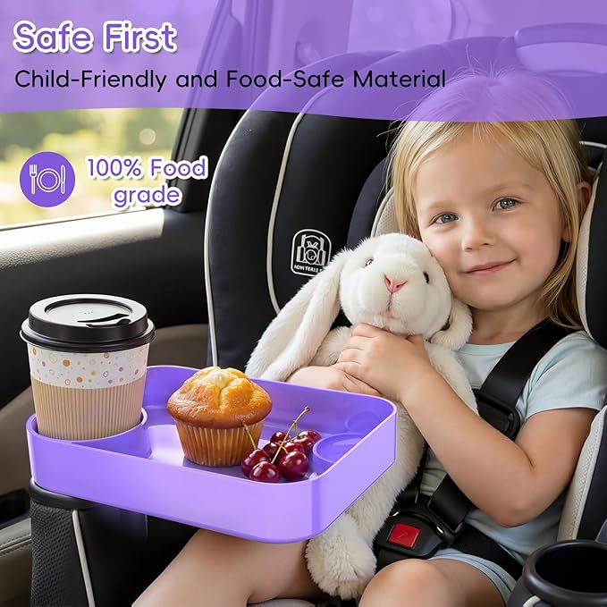 Kids Car Seat Tray, Travel Tray with Cup Holder for Toddler Baby, Kids Car Seat Food Snack Organizer for Road Trip, Stroller Snack Organizer Travel Must Haves Toddler Must Haves (Purple, 2 Packs)