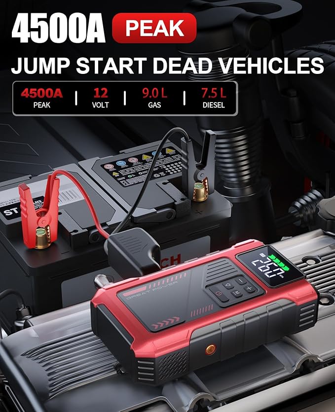 4500A Car Jump Starter with Air Compressor, Portable Battery Charger Jumpstart 12V Vehicle, Power Pack with 150PSI Tire Inflator for 9.0L Gas/7.5L Diesel Engines Jump Box with Light and Jumper Cable