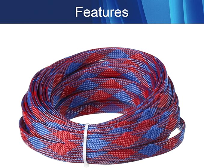 Aicosineg 32.8ft PET Flexible Braided Cable Sleeve 0.4inch Width Wire Loom Sleeving and Organizer Flexible Wire Mesh Sleeve for TV Audio PC Cords from Pets Chewing Blue and Red