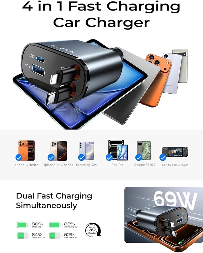 LISEN Retractable Car Charger [69W USB C Car Accessories Adapter ] for iPhone 17 USB C Charger Fast Charging, Travel Essentials Gifts for Women Men, Early Today 2025