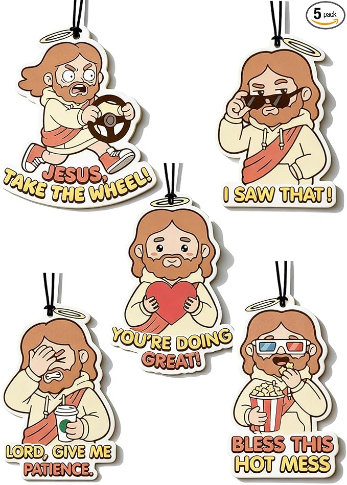 Funny Car Air Freshener Cute Jesus Christian Humor 5pcs Car Accessories Automotive Interior Hanging Scents Mirror Decor for Women Teen Girls