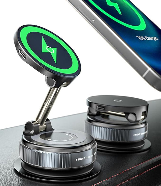 15W Wireless Charger Magnetic Car Phone Holder [Vacuum Suction Cup] 360° Adjustable & Foldable Car Mount for Dashboard/Windshield/Smooth Surface [Compatible with MagSafe] for iPhone/Samsung