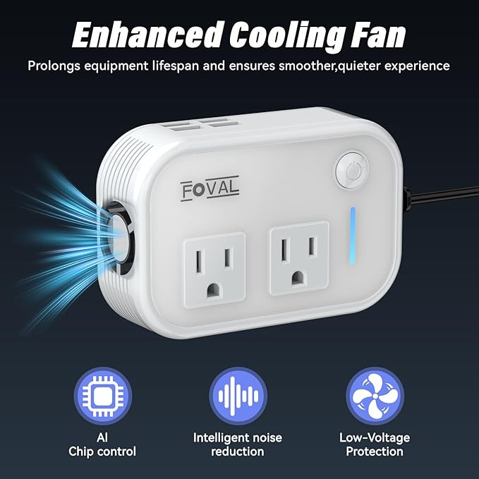 200W Car Power Inverter, FOVAL 12V DC to 110V AC Car Inverte with 4 USB Ports Car Outlet Adapter, Power Inverter for Vehicles, Car Plug Adapter Outlet for Laptop Computer Charger (White)