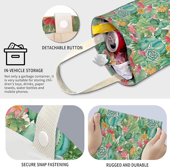 Cute Car Trash Can, Hanging Canvas Car Back Seat Organizer and Storage Bag, Funny Car Trash Bag for Travelling, Outdoor Cute Green Cactus Flowers
