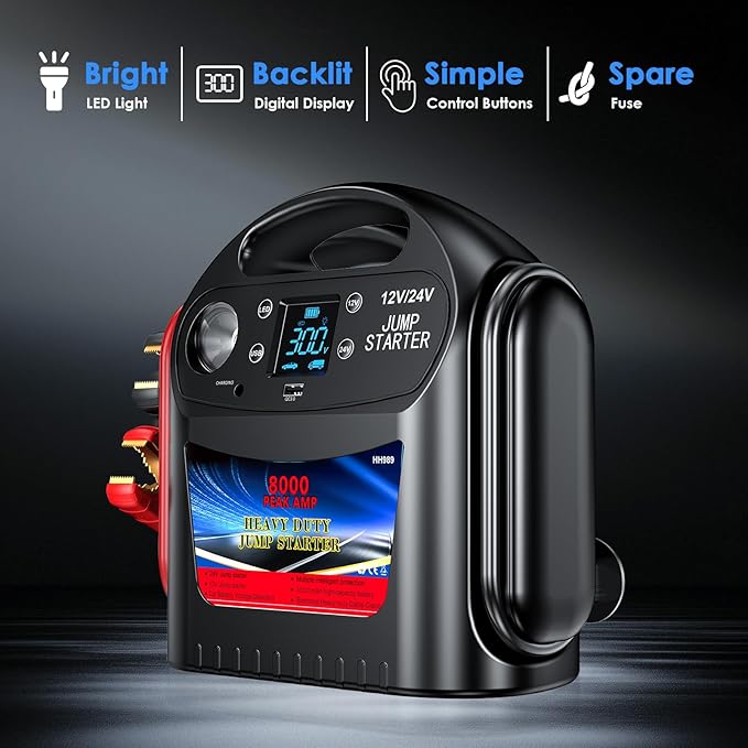8000A Car Battery Jump Starter for All Gas/Diesel,12V/24V Intelligent Car Jumper Starter Battery Pack, Heavy Duty Portable Jump Box Power Pack with LED Light