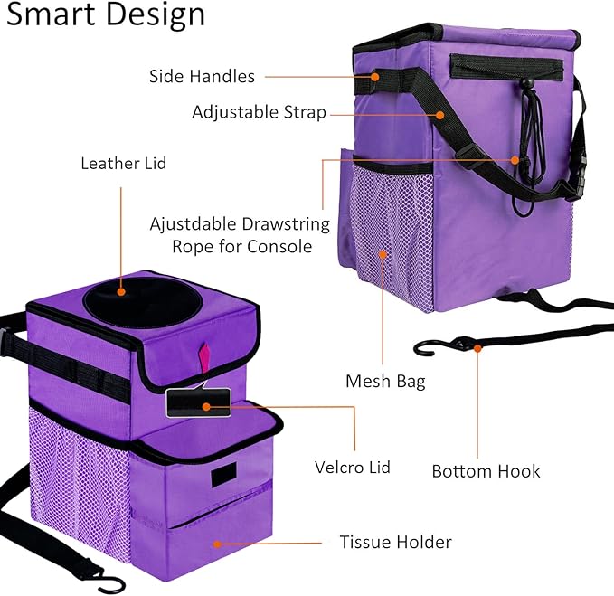 Car Trash Can Foldable Garbage Bin Leakproof 2.3 Gallons Purple