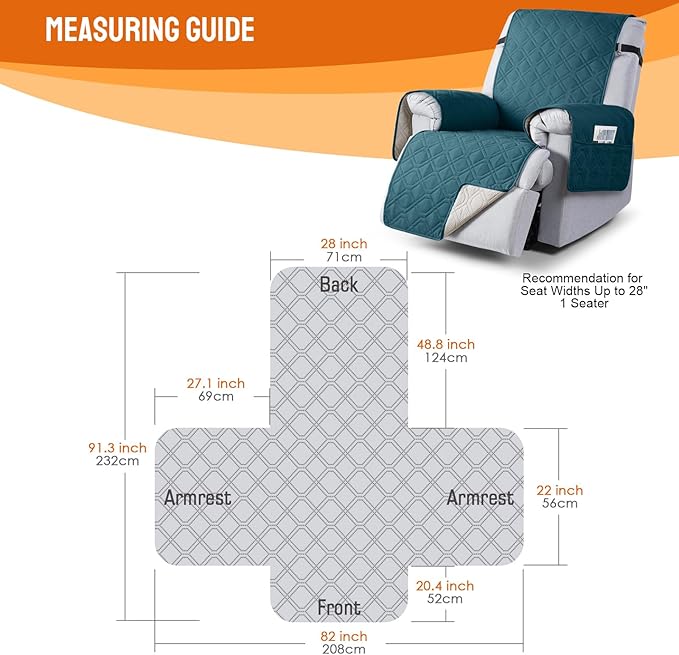 VANSOFY 100% Waterproof Recliner Chair Covers, Recliner Cover Non-Slip Dog Chair Cover Furniture Protector Washable Slipcover with Pocket, Elastic Straps for Pets, Dogs(Peacock Blue, 28")