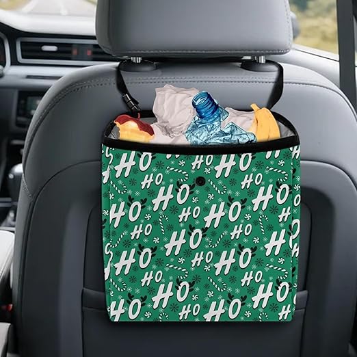 Candy Cane HoHo Pattern Garbage Bag and Water Resistant Trash Can for Car, Leakproof Trash Can for SUV Truck Christmas Car Accessories(Green)