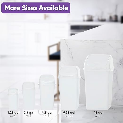 Superio Small 2.5 Gallon Plastic Trash Can with Swing Top Lid, Compact Slim Waste Bin for Under Desk, Office, Bedroom, Bathroom, Dorm Room, 10 Qt. Portable Garbage Can (White)