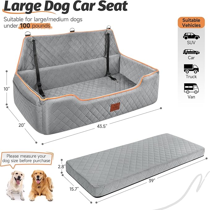 XIEEAOZEE Large Dog Car Seat for Dods Under 100 Lbs, Memory Foam Dog Car Bed for Backseat & Trunk, Detachable and Washable Cover, Pet Travel Seat with Storage Pockets, 2 Safety Belts
