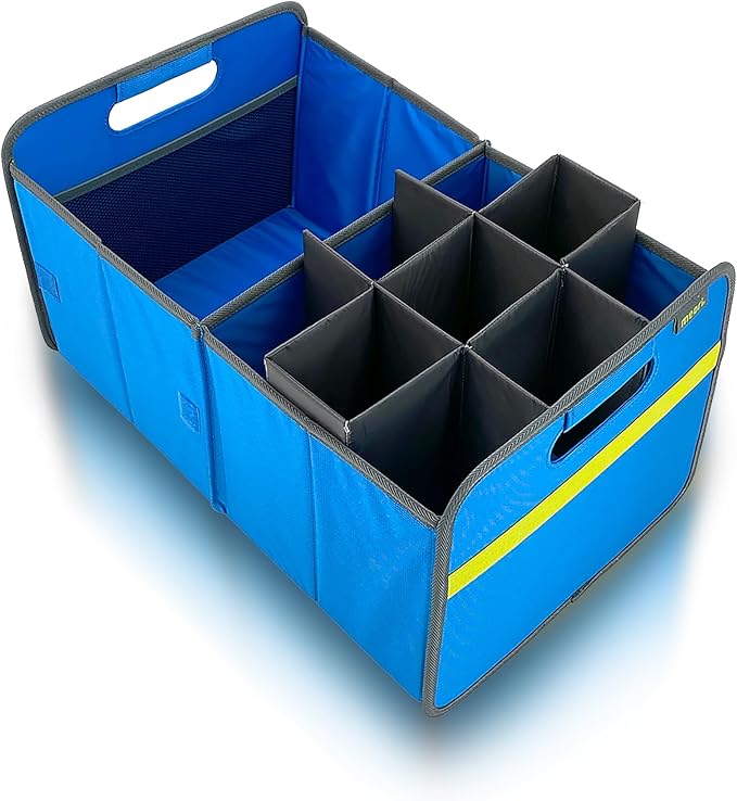 meori Collapsible Trunk Organizer for Car with Bottle Insert for Groceries Road Trips 2 Compartments Heavy Duty Mesh Pocket Ripstop