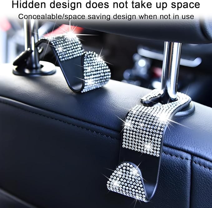 Mandark 4PCS Bling Car Seat Headrest Hooks, Crystal Rhinestone Vehicle Seat Back Hanger for Grocery Purses Handbags, Diamond Auto Seatback Storage Organizer Hanger, Universal for Most Cars (Purple)