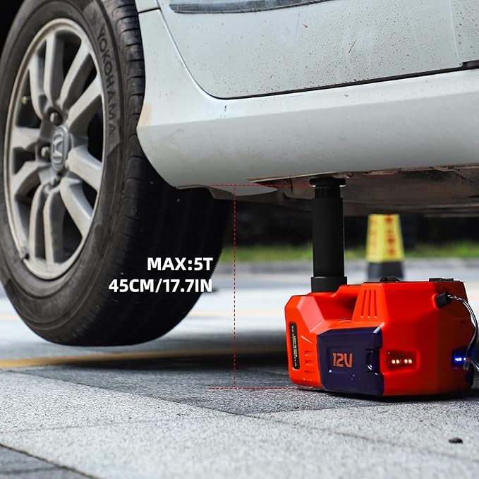 Electric Car Jack Kit 5 Ton 12V Floor Jack with Impact Wrench and Tire Inflator Pump Portable Hydraulic Car Jack for SUV Sedans Tire Change with LED Light, Lifting Height 6 to 17.7 Inch