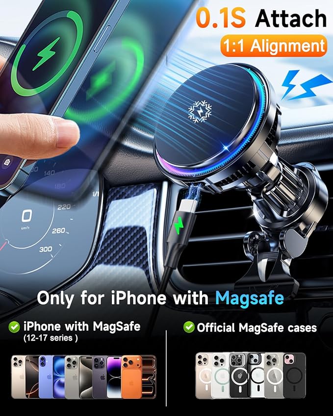 2026 Upgrade TEC & Fan Dual Cooling Magnetic Wireless Car Charger, For Magsafe Car Charger Mount, RGB, Air Vent 15W Fast Wireless Charging Car Phone Holder for iPhone 17/16/15/14/13/12, Samsung ＆Pixel