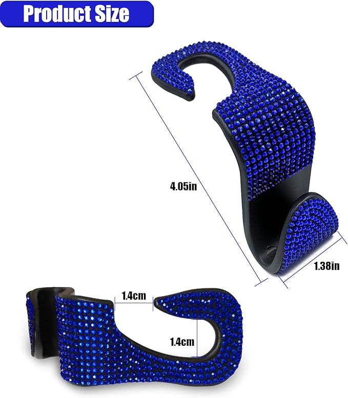 OSIFIT 2PCS Car Seat Hooks, Bling Car Rhinestone Headrest Hooks, Universal Bling Car Interior Accessories, for Handbag, Clothes, Purse, Water Bottle (Blue)