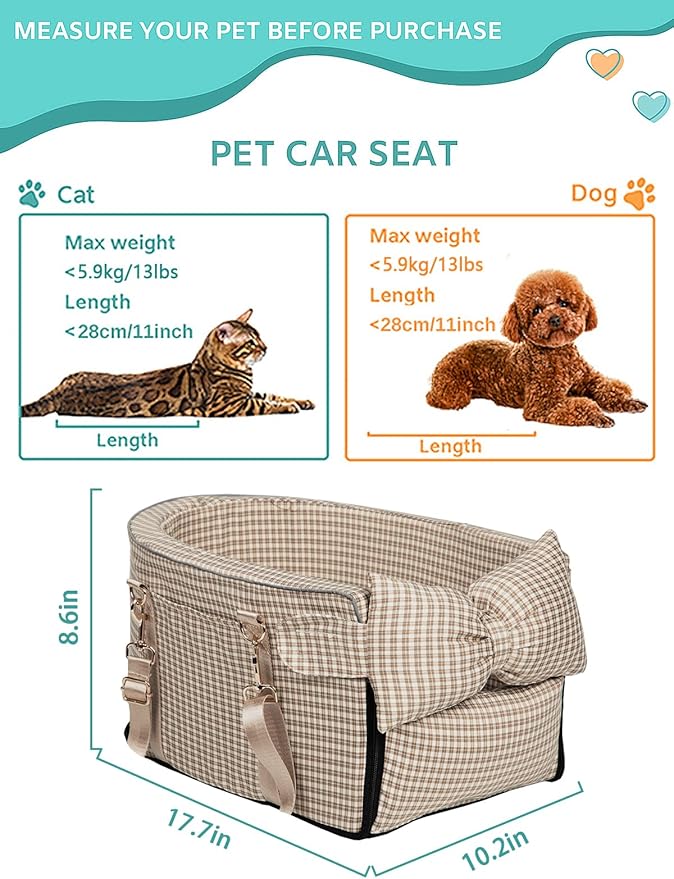 Prpeko Dog Car Seat for Small Dogs,Center Console Seat for Puppy,Anti-Collapse Pet Car Seat with Soft Cushion Safety Belt, Portable Car Armrest Seat for Dog & Cat Under 15 lbs (Grid-Brown)