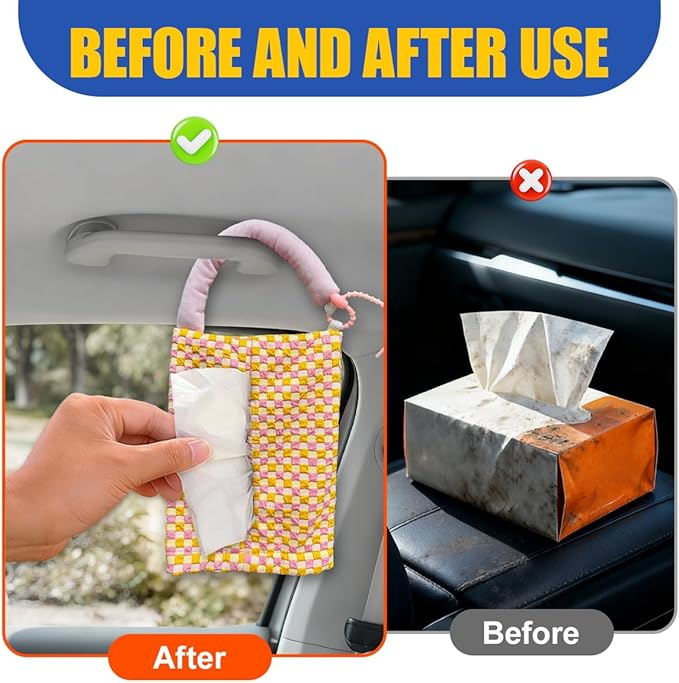 Car Tissue Holder, Checkered Pattern Car Backseat Napkin Holder, Rectangular Canvas Hanging Auto Tissues Box, Universal Vehicle Storage Organizer Accessory for Phone, Small Items (Pink)