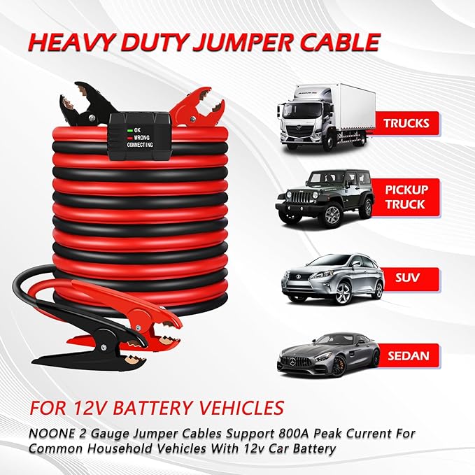 NOONE Heavy Duty Jumper Cables, 2 Gauge 20Feet 800Amp Automotive Booster Cables with Reverse Polarity Protection for Car, SUV and Truck, Jumper Cables Kit with Carry Bag