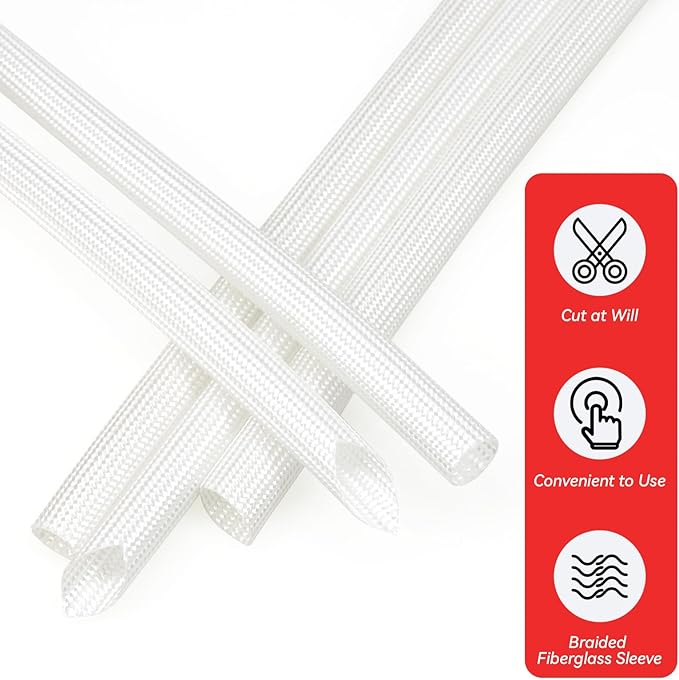 Braided Fiberglass Sleeve, 10ft High Temp Cable Sleeve, Flexible Cable Management Cable Protector for Car Wire Loom Protection (White, 3/8")
