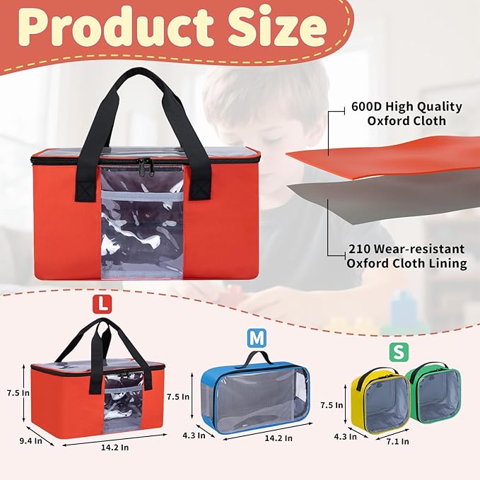 4 PCS Toy Storage Bags, Magnetic Tiles Bag With Visual Top Flap, Label Pocket and Mesh Pockets Fit for LEGO, Building Blocks, Magnetic Tiles, Toy Cars