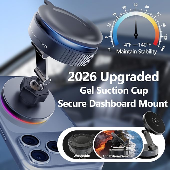 for MagSafe Car Mount Charger, 15W Fast Wireless Charging, Vacuum Suction Magnetic Car Phone Holder for iPhone & Android, 360° Adjustable Cell Phone Holders for Your Car Dashboard/Windshield