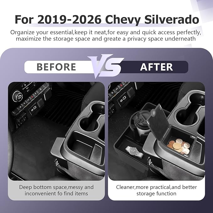 Center Console Hanging Organizer Box w/Cup Holder & Coin Box Compatible with 2019-2026 Chevy Silverado/GMC Sierra 1500 & 2020-2026 Silverado/Sierra 2500HD 3500HD Accessories (Split-Bench Folding Seat)