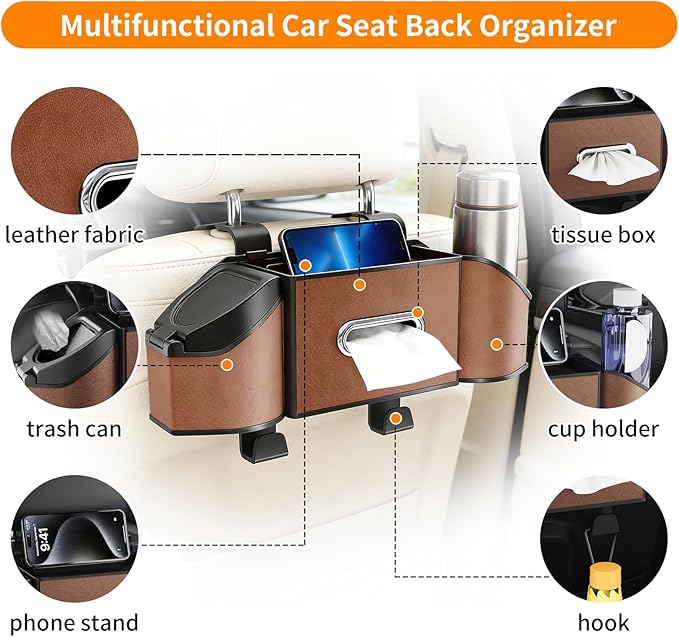 7-in-1 Multifunctional Car Seat Back Organizer, Car Back Seat Storage Box Trash Can & Cup Holder with Tissue Box, Hooks, Universal Fit for Most Cars, SUVs, Trucks (Brown)