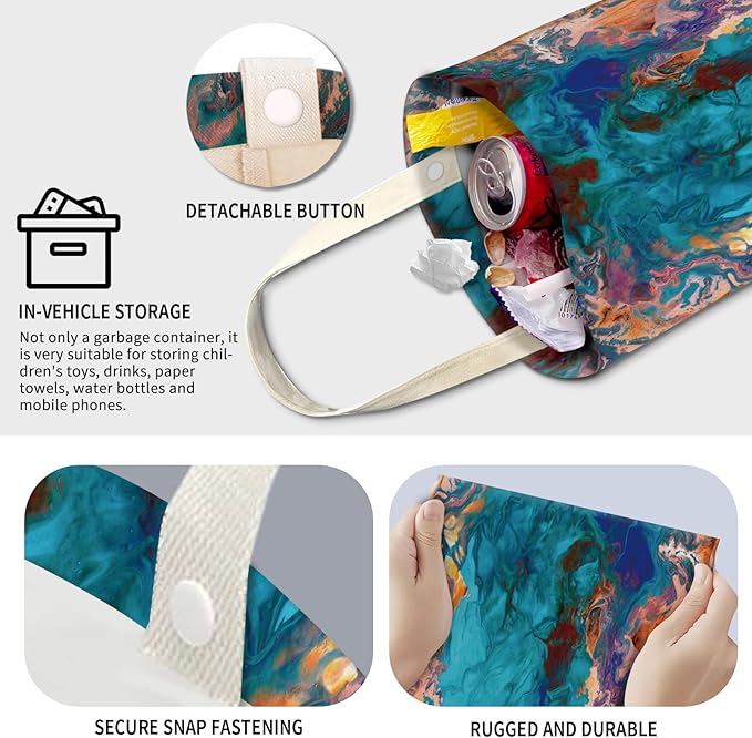 Cute Car Trash Can, Hanging Canvas Car Back Seat Organizer and Storage Bag, Funny Car Trash Bag for Travelling, Outdoor Abstract Blue Orange Print