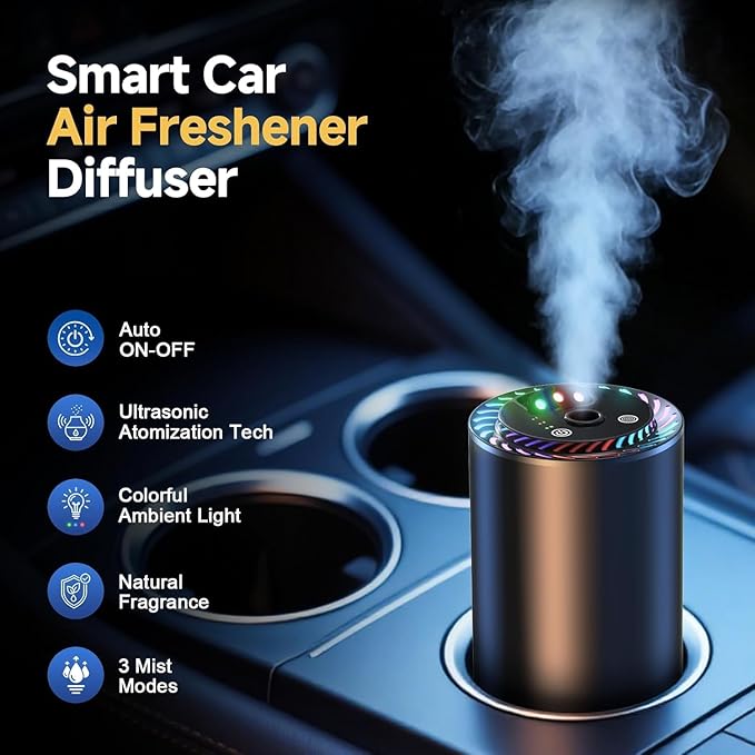Smart Car Air Freshener with Star Light & 200ml Diffusers Oil Refills, Auto On/Off Aroma Diffuser, 3 Adjustable Mist Modes Rechargeable Aromatizante para Carro - Car Diffuser（Cologne*4）