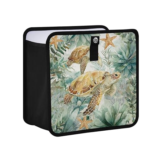 Car Trash Can Organizer Bin with Adjustable Strap for Back Front Seat Console Waterproof Leakproof Collapsible Portable 11 Inch Sea Turtle Starfish Plants