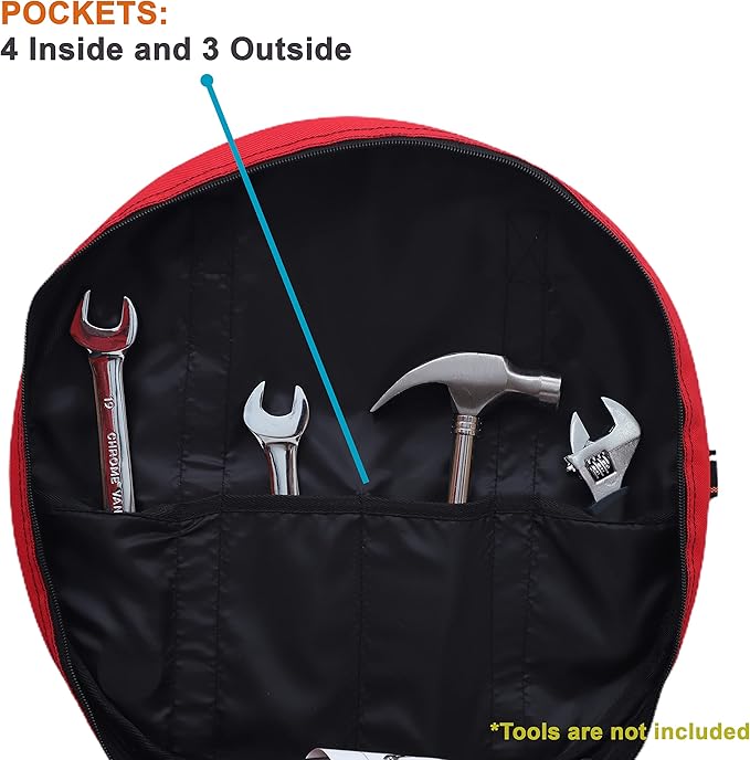 BULL TOOLS EV Charging & Jumper Cable Storage Bag, Organizer 6 Pocket Handmade Carry Bag - 15x15x4 Inch Waterproof Ballistic Polyester Round Bag, Cords, Small Tools, For Motor Vehicles - Red