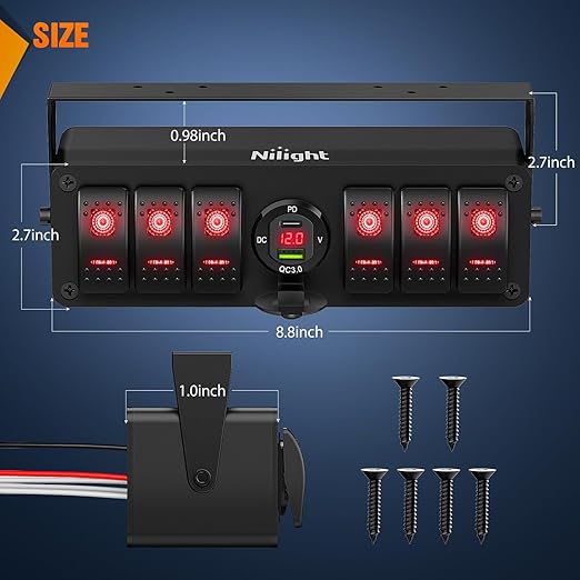 Nilight 6 Gang Rocker Switch Box 12V SPST ON Off Toggle Switches PD Type C and QC 3.0 USB Charger Voltmeter LED Light Waterproof Aluminum Mount Bracket Panel DIY Stickers for Boat Car RV Truck