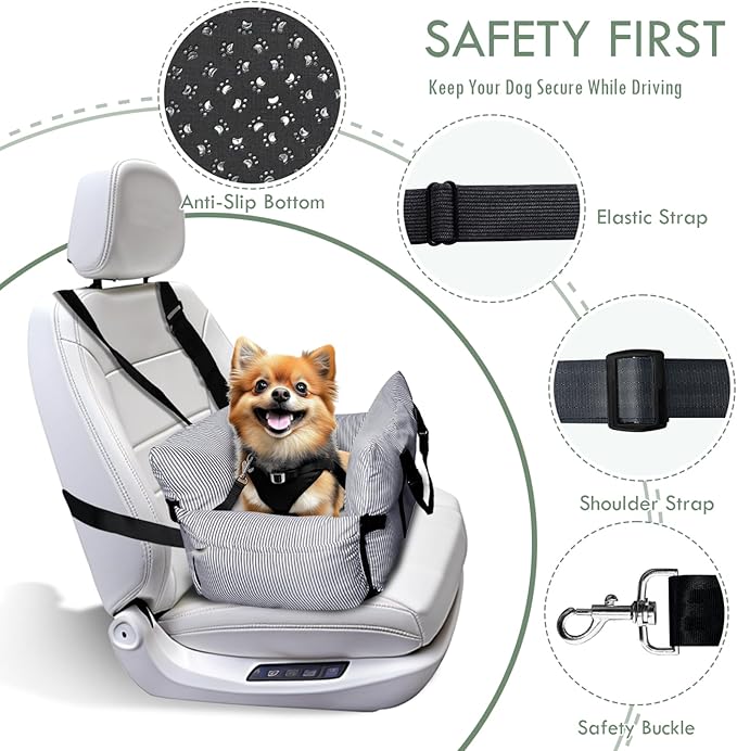 Dog Car Seats for Small Dogs, Small Dog Bed Under 15 lbs, Puppy Car Seat for Travel, Elevated Pet Seat with Safety Belt, Non-Slip Base, and Storage Pockets (Navy)