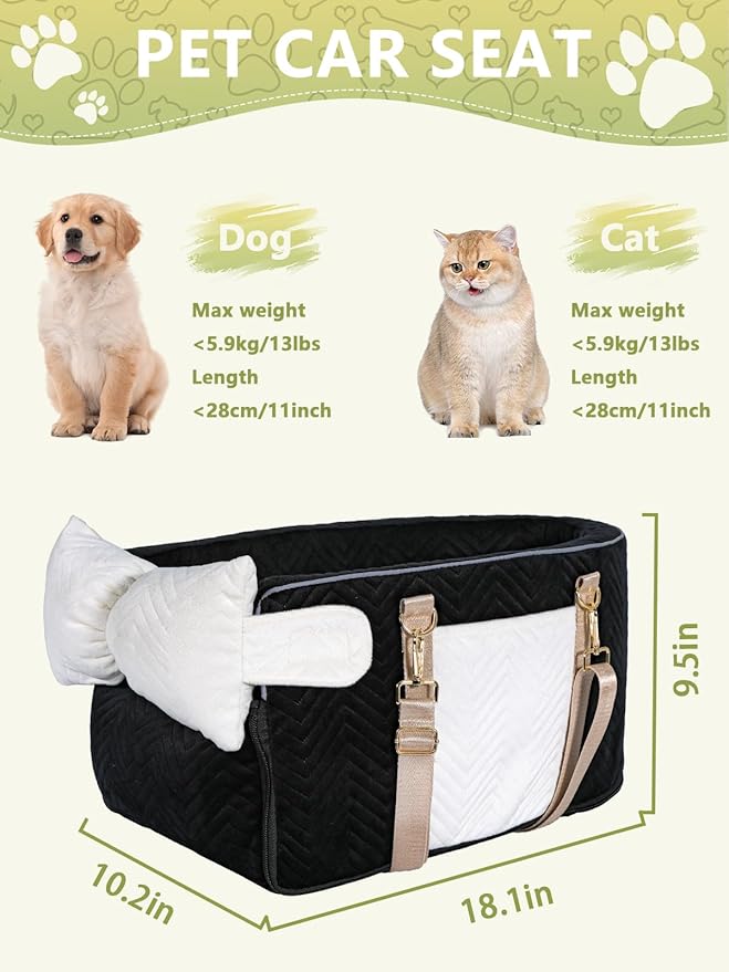Prpeko Small Dog Car Seat, Portable Dog Seat with Soft Washable Cushion,Center Console Dog Car Seat for Small Dogs Up to 13lbs(Black)