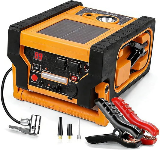 2000A Car Battery Jump Starter with Air Compressor 6-in-1 Jump Starter with Air Compressor 12V Jumper Box 400 Watt Inverter Power Station with AC/DC/USB Outlets (10L Gas/8L Diesel)