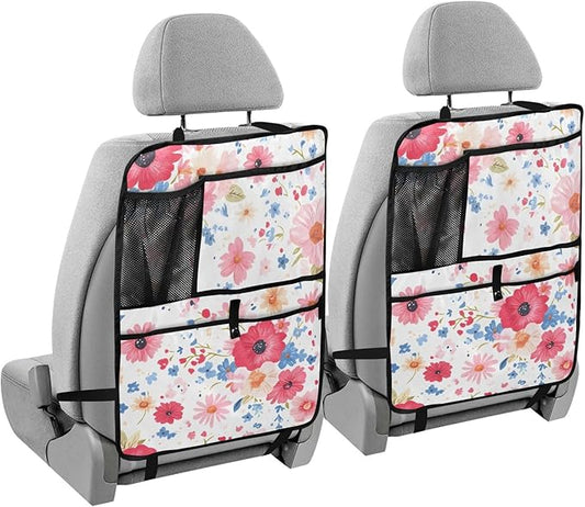 JIPONI Car Backseat Organizer, Color Red Flower Automotive Back Seat Protector, Kick Mats with Storage Pockets for Kids Pets, Road Trip Accessories (2 Pack)
