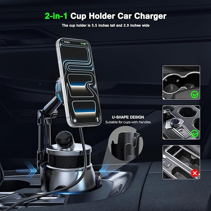Esoulk [2026 Upgraded] Qi2 25W Fast Wireless Car Charger with Cooling Fan, Cup Holder Phone Mount with Adjustable Long Arm, Magnetic Fast Charging Holder for iPhone & Android