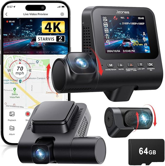Jzones 4K 3-Channel Dash Cam Front and Rear with Cabin, STARVIS 2 Sensor, Dash Camera for Cars with WiFi 6, G-Sensor, Loop Recording, Night Vision, 24H Parking Mode, 64GB Card Included