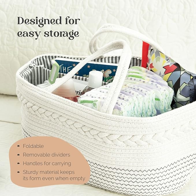 luxury little Diaper Caddy Organizer, Large Cotton Rope Nursery Baby Basket, Changing Table Organizer for Baby Diaper Storage, Portable Car Organizer Removable Divider (Off White, Large)