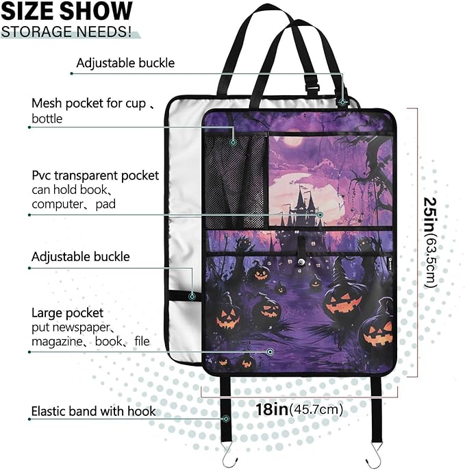 Purple Halloween Bat Pumpkin 2 Pack Backseat Car Organizer with Storage Pockets Seat Back Organizers for Kids Kick Mats Backseat Protector Automotive